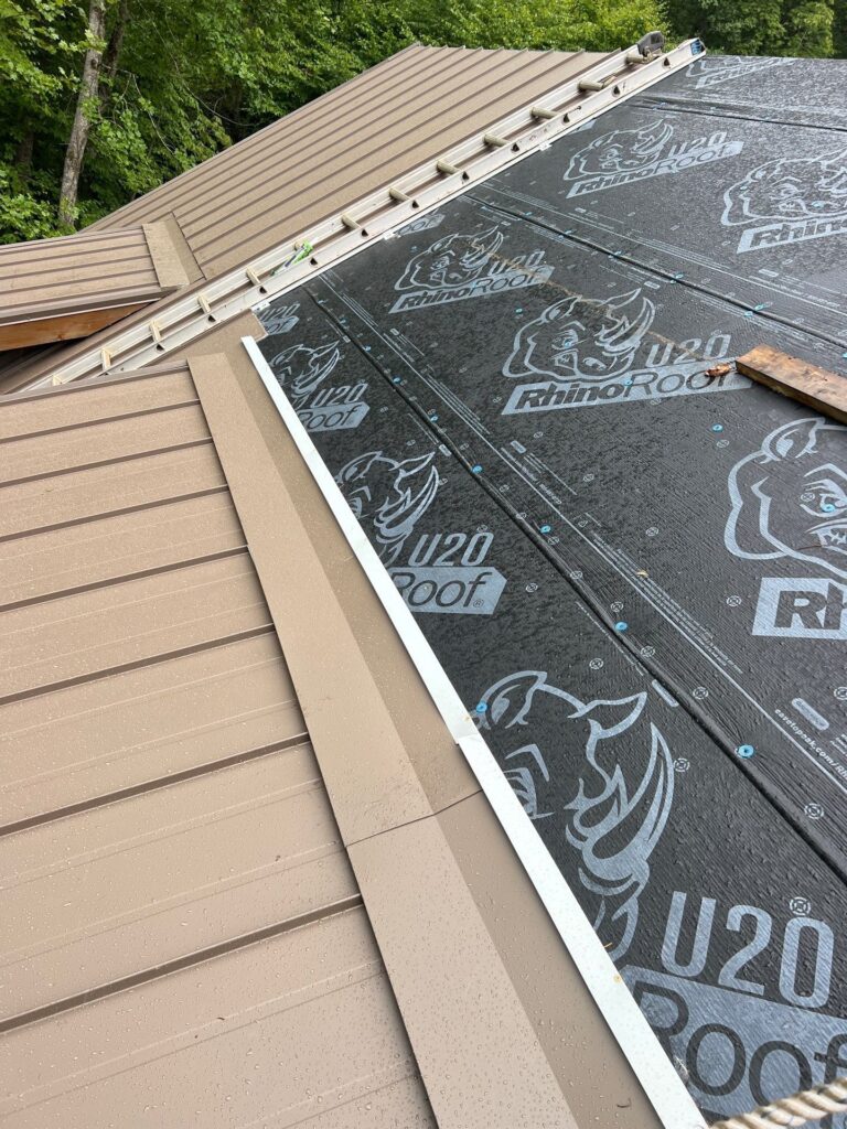 A nearly complete metal roof from a real Howe client. A metal roof is far more than metal panels and clamps. Proper underlayment, fasteners, and sealants must be utilized, based the environment and the needs of the client.