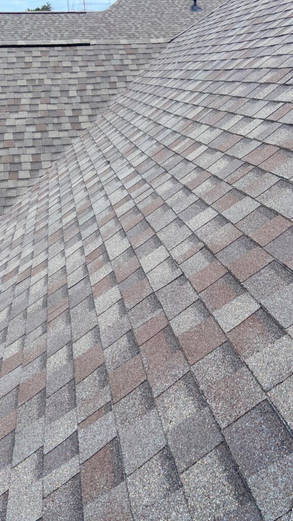 A close up view of an architectural shingle roof.