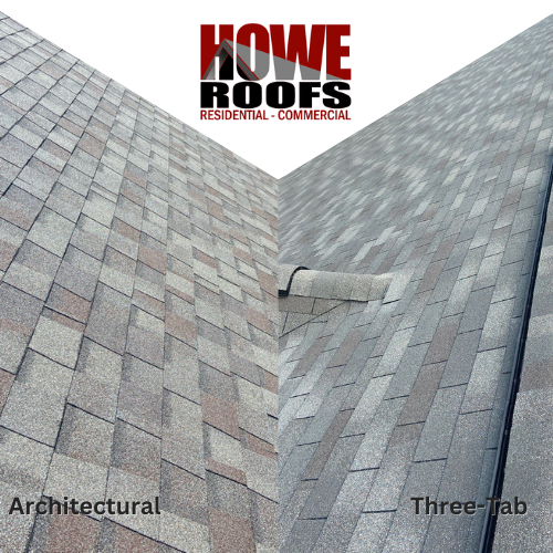 A close up view showcasing the textural and aesthetic differences between three-tab and an architectural shingle.